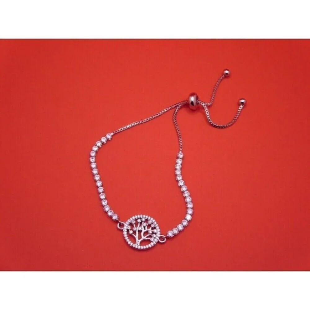 Cubic Zirconia Tree Of Life Adjustable Bolo Bracelet in Fine‎ Silver Plate $75